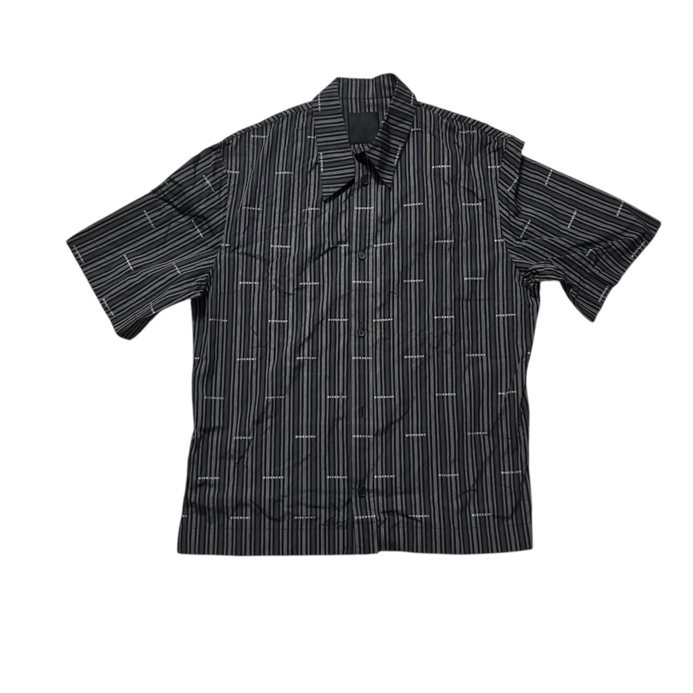 New GIVENCHY Boxy Fit Striped Logo SS Button Up Shirt Black 40FR